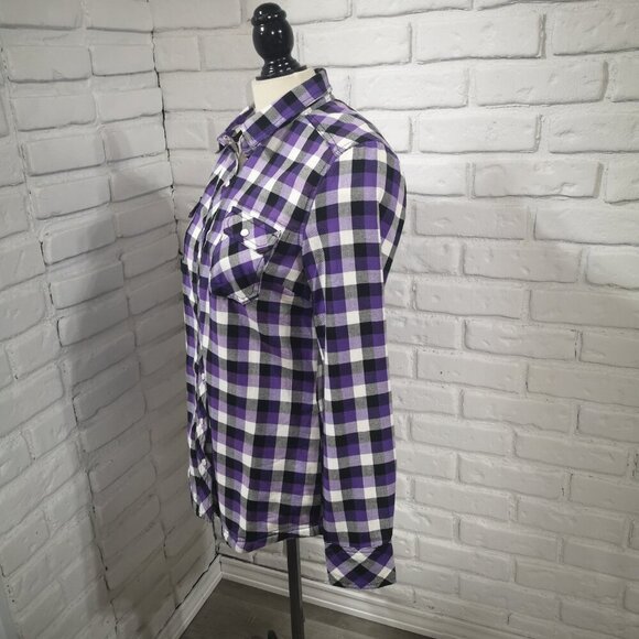 BC Clothing Ladies Size Small Purple White Black Plaid Faux Fur Lined Shirt - Picture 4 of 12